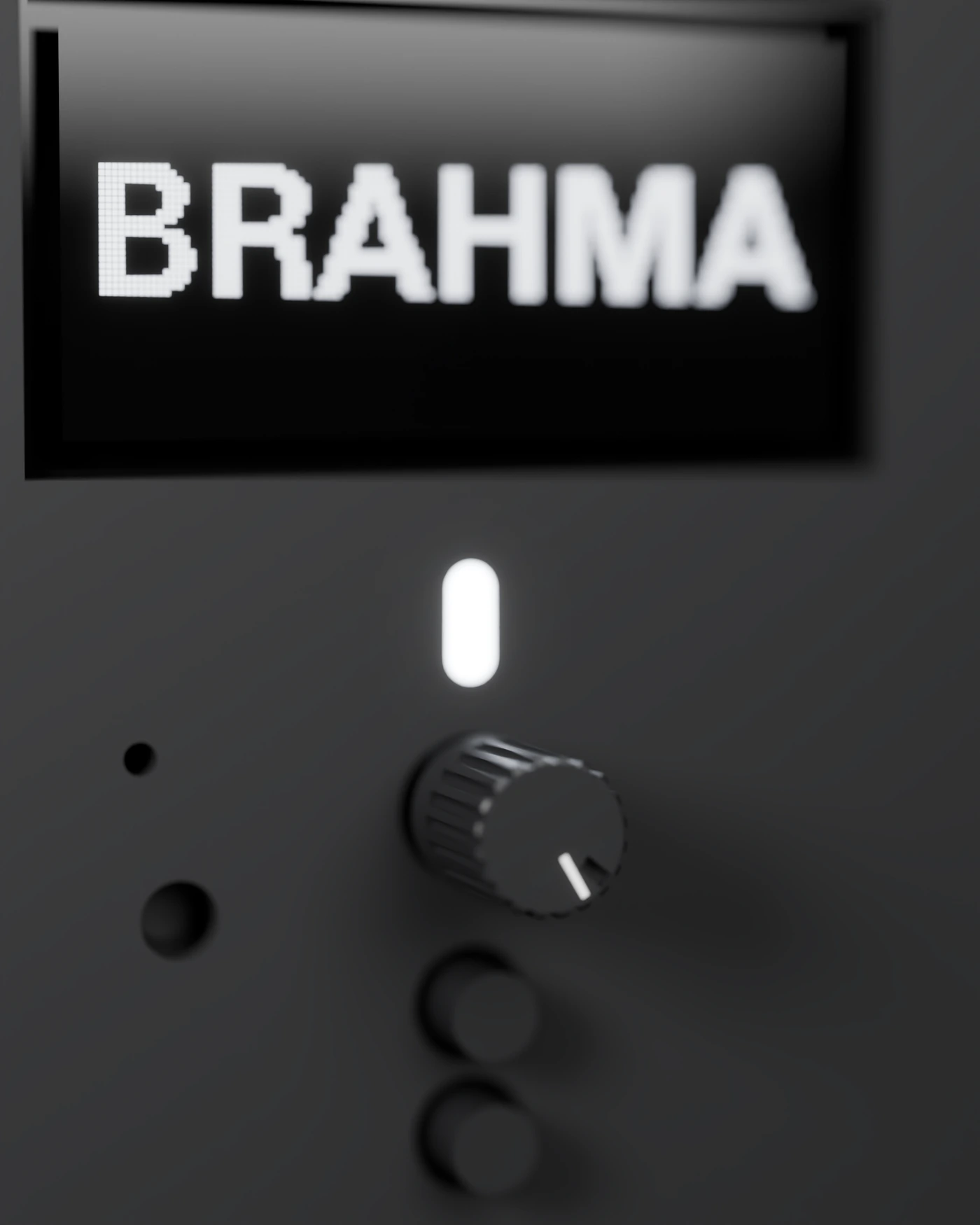 Close-up of the OLED display showing the BRAHMA logo, the glowing status light, the knurled volume knob and two push buttons