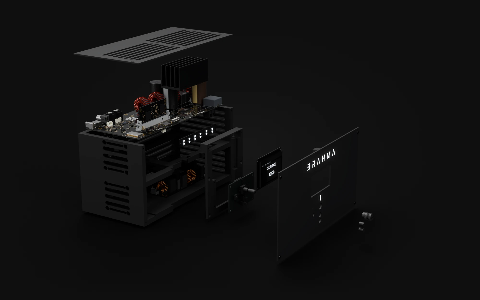 Brahma coming apart: the top cover lifted, the amplifier board raised out of the enclosure with its heatsink above the TAS3251, the LED board that lights the letters, and the inner frame, control board, display, front panel and knob pulled forward, with the power supply in its place under the board