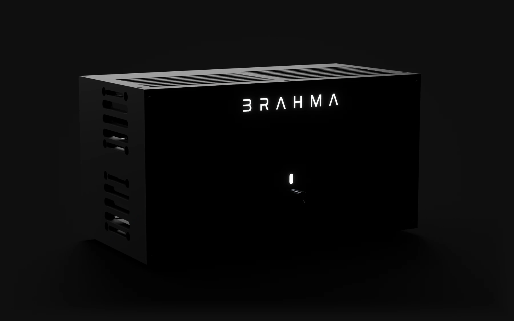 Brahma in the dark: a black rectangular amplifier with its wordmark and status light glowing white