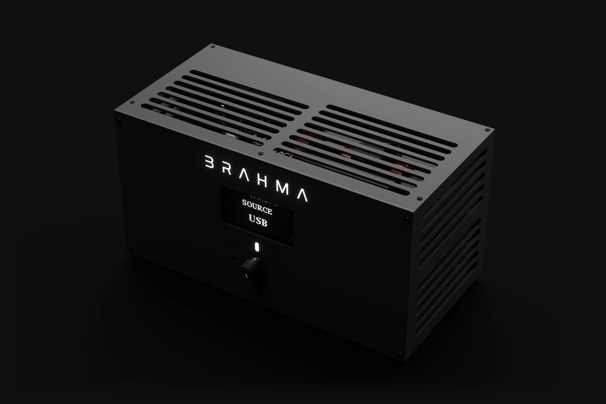 Brahma from above: rows of ventilation slots across the top, the display reading SOURCE USB