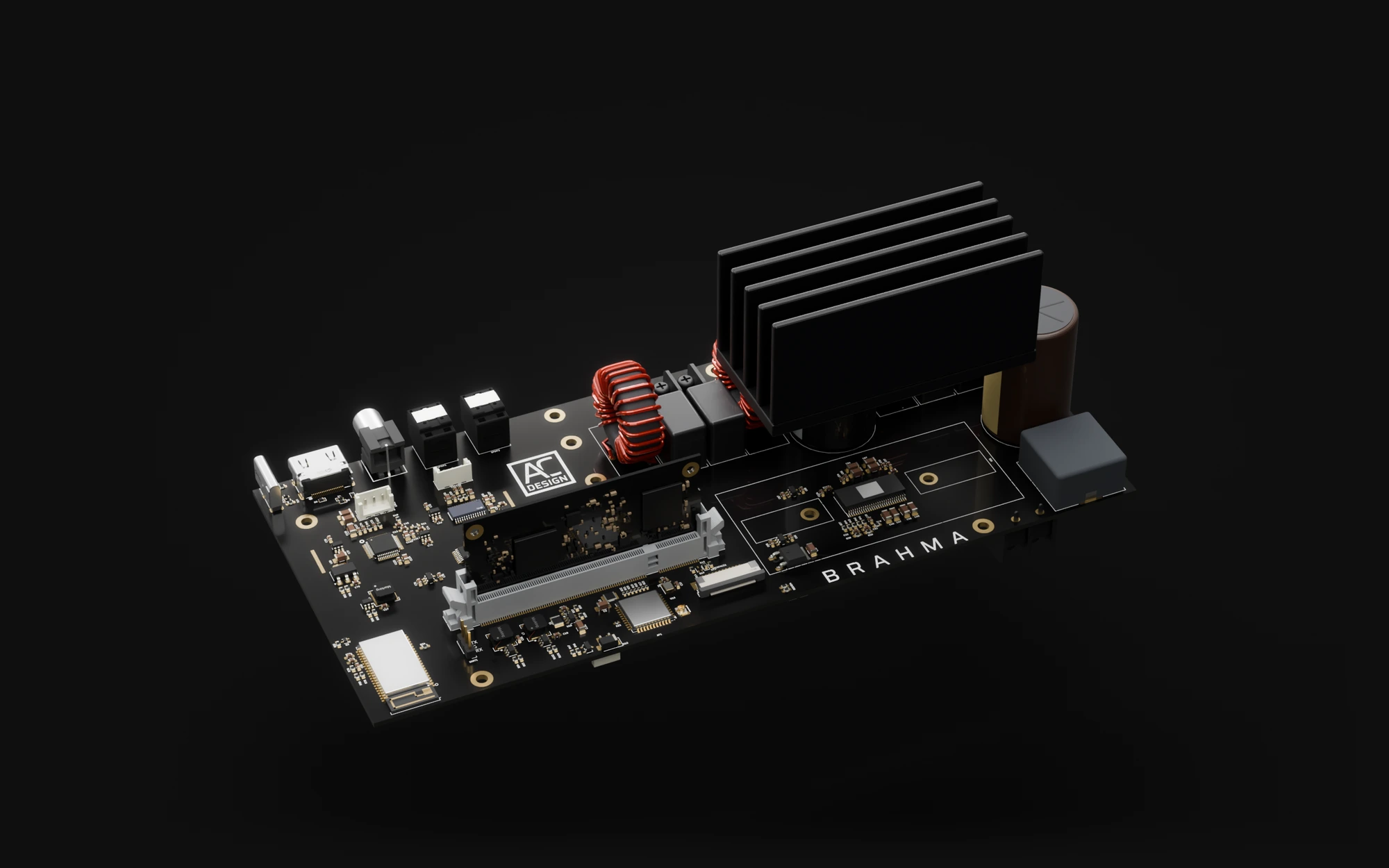 The black amplifier board with the AC Design logo and BRAHMA in its silkscreen, the heatsink lifted off the TAS3251: the Compute Module 3+ standing in its socket, four red toroidal output filters, film and bulk capacitors and the speaker terminals